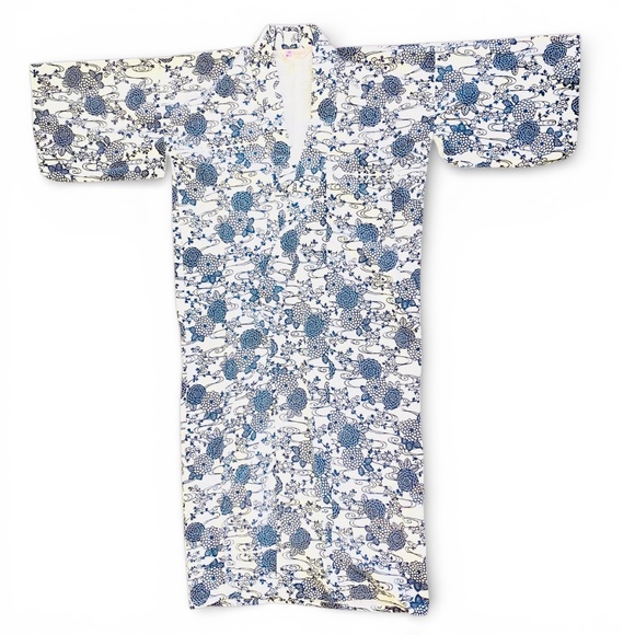 Authentic Japanese Nemaki 100% cotton Floral Navy and White Robe Size M - Picture 3 of 7
